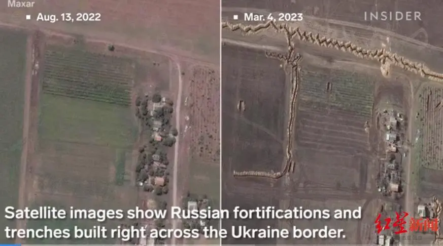 卫星图像显示，俄军在与乌克兰接壤边境修建的防御工事和战壕
